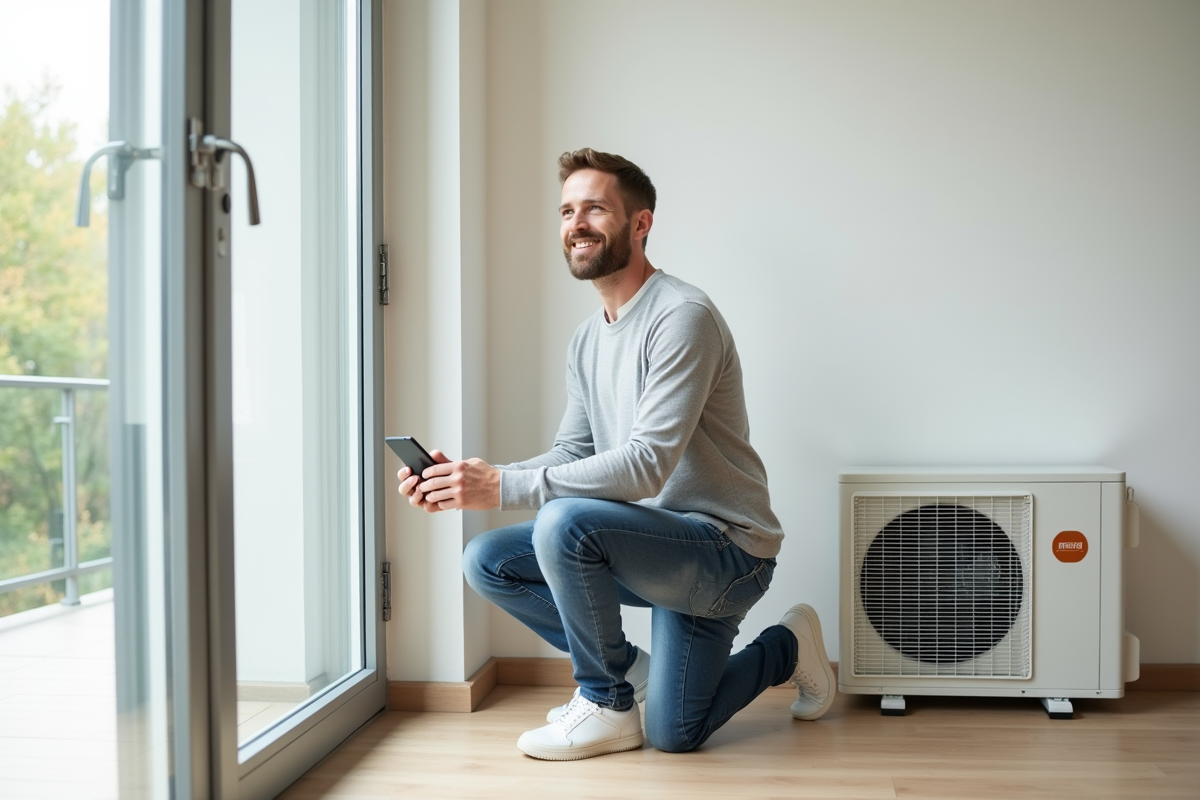 Homme inspectant une pompe à chaleur dans un salon moderne