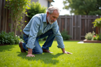 Homme d'âge moyen inspectant un gazon vert dans le jardin