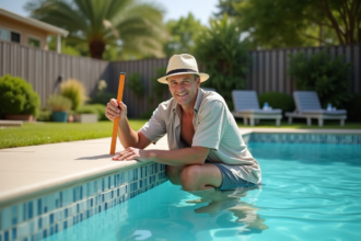 Homme d'âge moyen vérifiant la profondeur d'eau dans une piscine extérieure