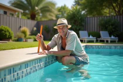 Homme d'âge moyen vérifiant la profondeur d'eau dans une piscine extérieure