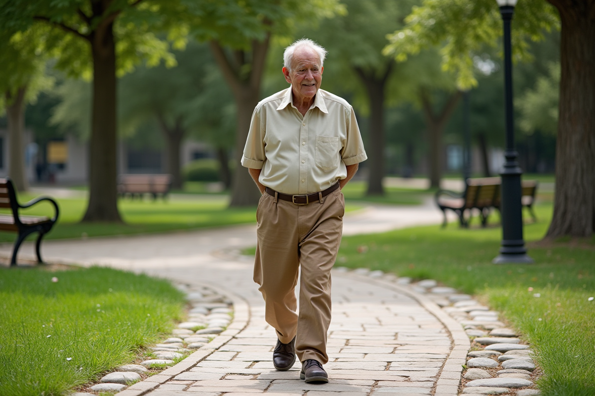 Homme âgé marchant sur un chemin en pierre dans un parc