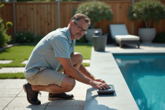 Homme d'âge moyen ajustant un chauffage de piscine extérieur