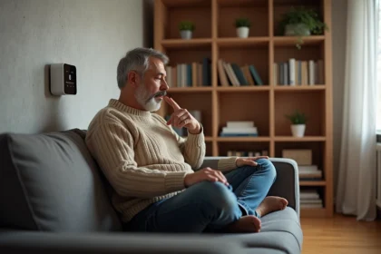 Homme d'âge moyen réglant le thermostat dans un salon chaleureux