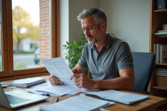 Homme d'âge moyen vérifiant des factures de rénovation dans un bureau
