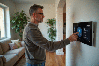 Homme d'âge moyen réglant un thermostat tactile dans un salon moderne