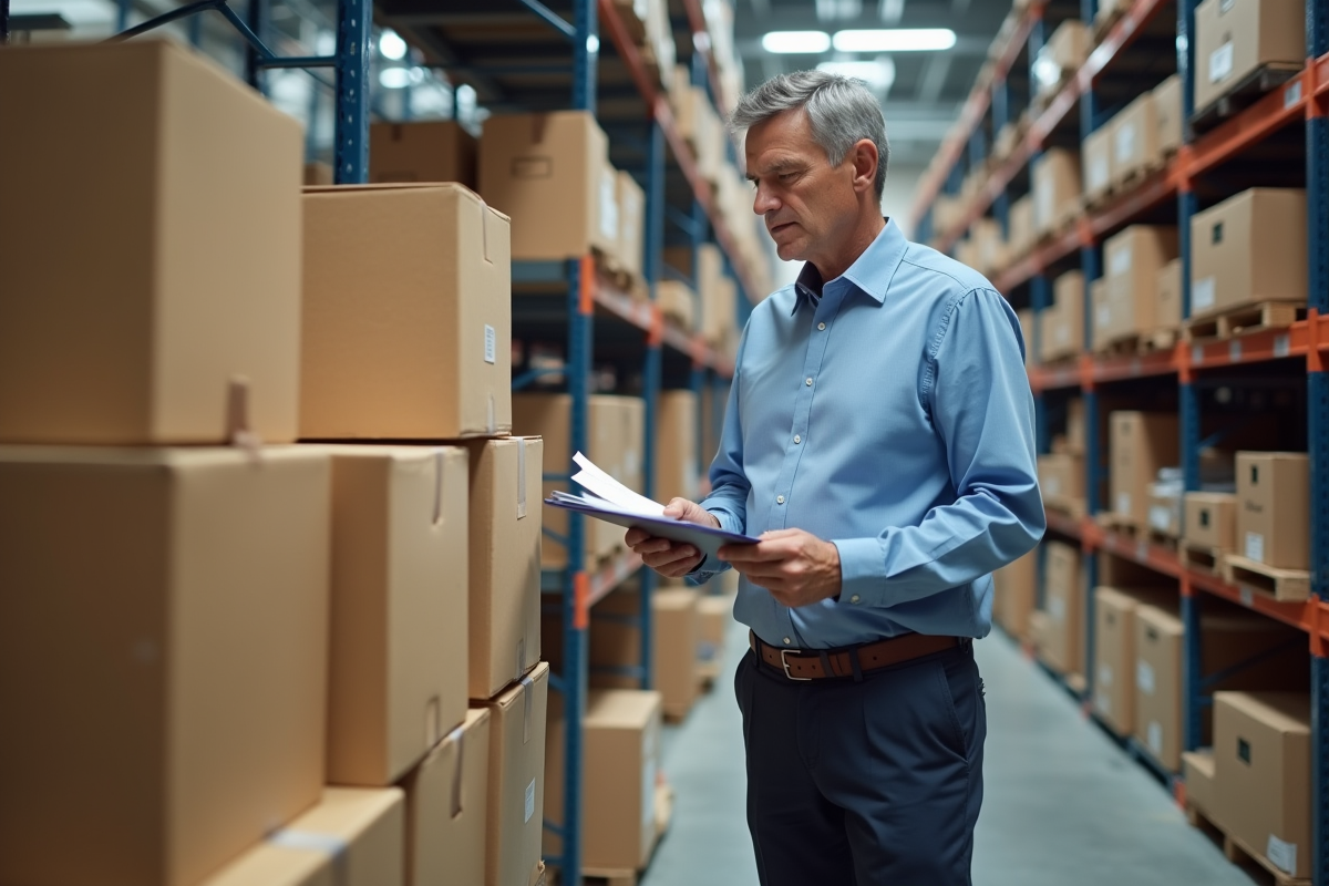Homme évalue des cartons dans un entrepôt industriel