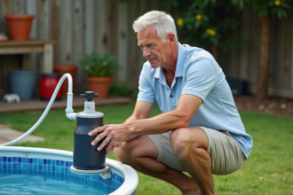 Homme d'âge moyen inspectant une pompe à filtre de piscine dans un jardin