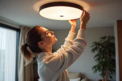 Jeune femme installant une lampe LED moderne dans un salon contemporain