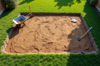 Jardin avec sol préparé et outils de jardinage pour construction