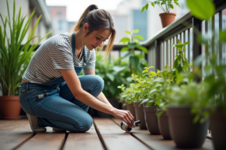 Femme connectant goutte à goutte sur balcon urbain