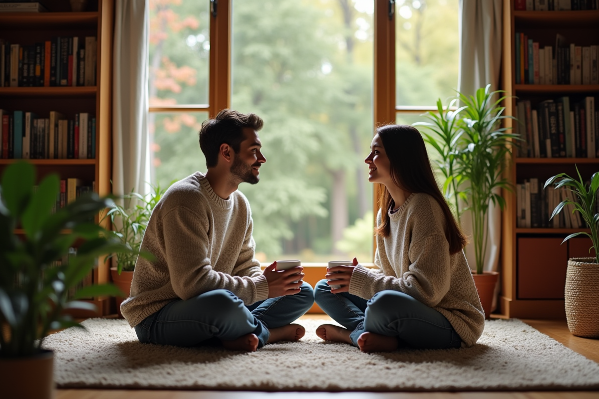 Jeune couple discutant dans un coin lecture cosy