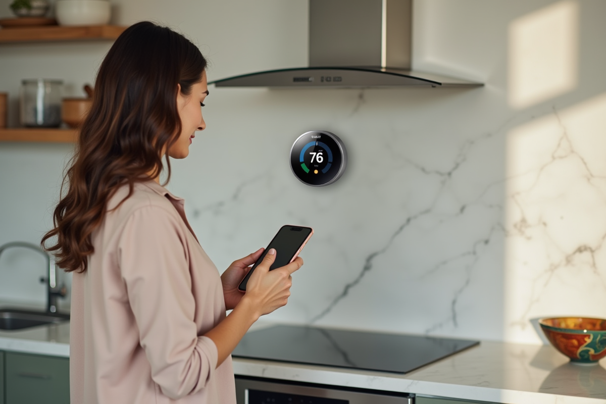 Jeune femme utilisant une application pour contrôler un thermostat dans la cuisine