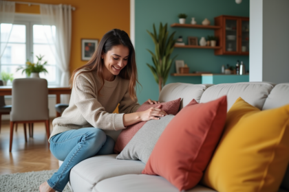 Jeune femme arrangeant des coussins colorés dans un salon moderne
