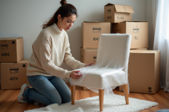 Jeune femme emballant une chaise en bois dans un appartement