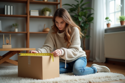 Jeune femme compare des cartons avec un ruban de mesure dans un salon