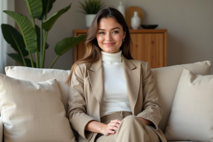 Jeune femme élégante en blazer beige dans un salon moderne