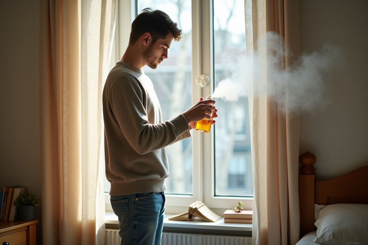 Jeune homme vaporisant un désodorisant citron dans sa chambre