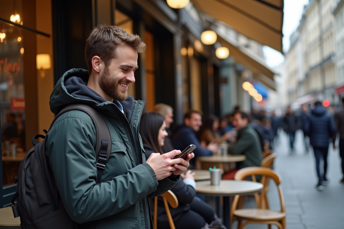 Jeune homme français souriant avec un téléphone près d