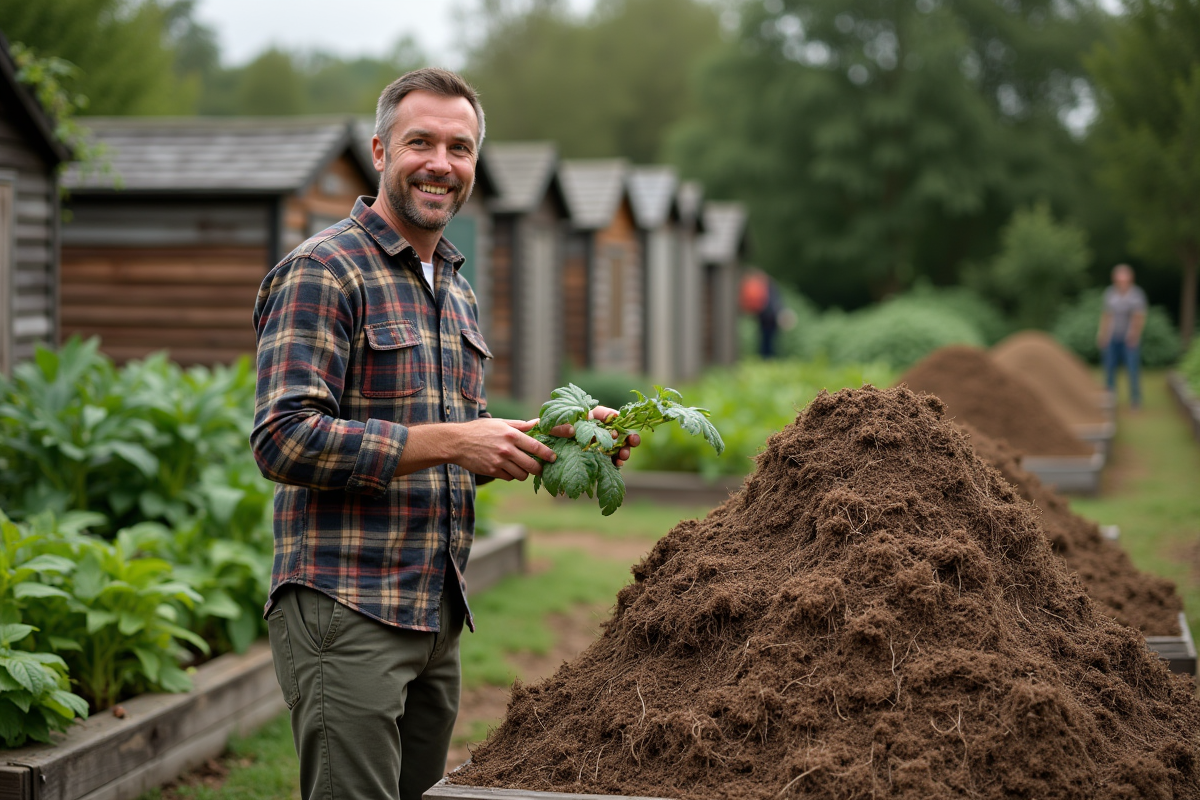 Jeune homme expliquant le compost avec une feuille de pomme de terre