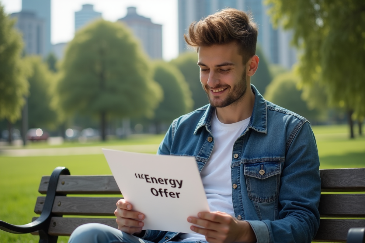 Jeune homme lisant une offre d énergie dans un parc en plein air