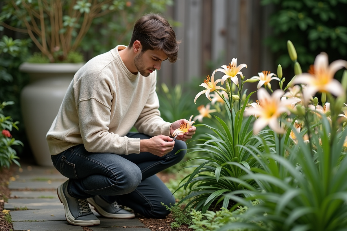 Jeune homme en extérieur retirant pistils de lys avec des pinces