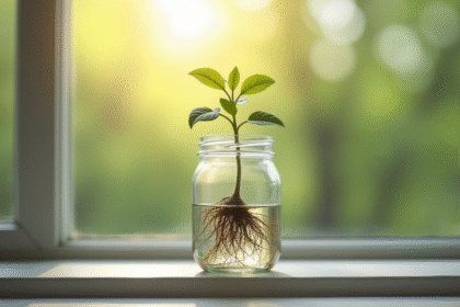 Jeune plante avec racines dans un verre en lumière naturelle