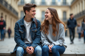 Deux adolescents français souriants assis sur les marches d'une université