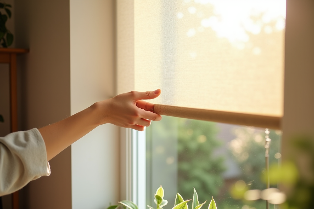 Main qui tire doucement la moustiquaire dans un salon cosy