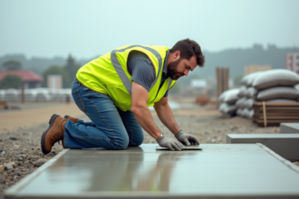 Ouvrier en vestiaire réfléchissant sur une dalle de béton