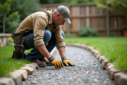 Ouvrier jardinier mesurant la profondeur du gravier