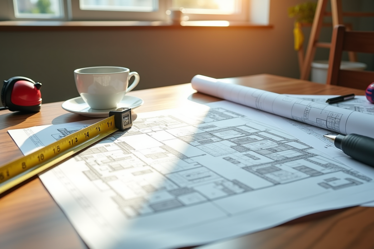 Plans de renovation architecturale sur une table en bois avec outils