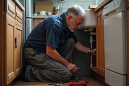 Plombier homme inspectant tuyaux sous évier cuisine