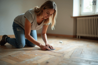 Femme en jeans et t-shirt ponçant un parquet ancien
