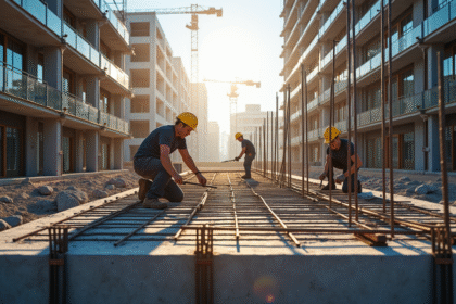 Travailleurs renforçant les fondations en béton avec armatures acier