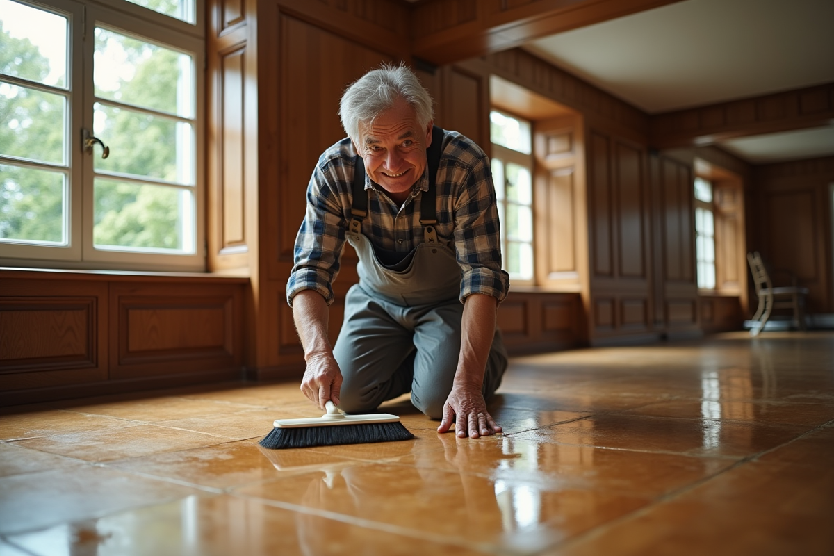 Homme âgé appliquant une huile sur un parquet rénové