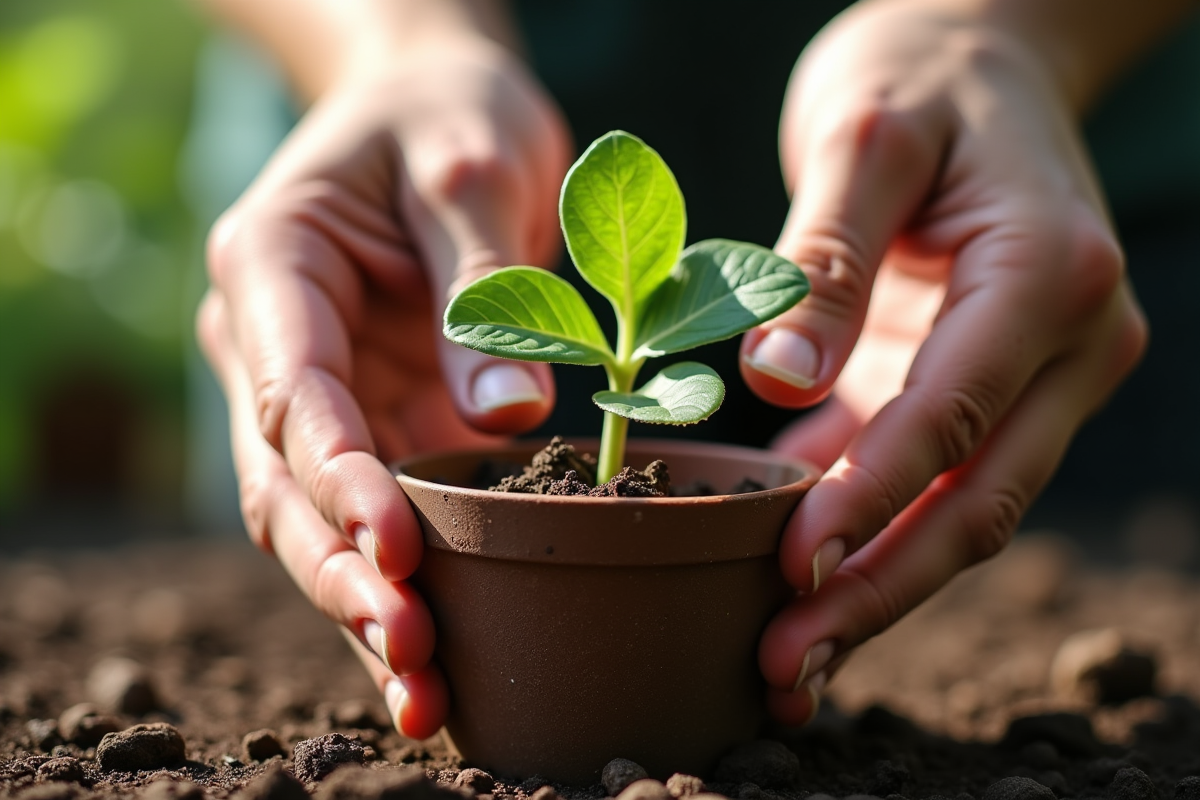 Mains plantant une tige dans la terre humide d’un pot