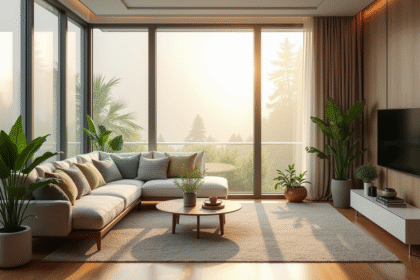 Salon moderne avec fenêtres et film solaire réfléchissant