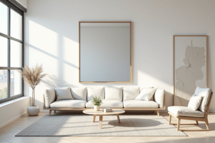 Salon moderne avec grandes fenêtres et mobilier scandinave