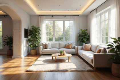 Sous-sol moderne avec mobilier confortable et lumière naturelle