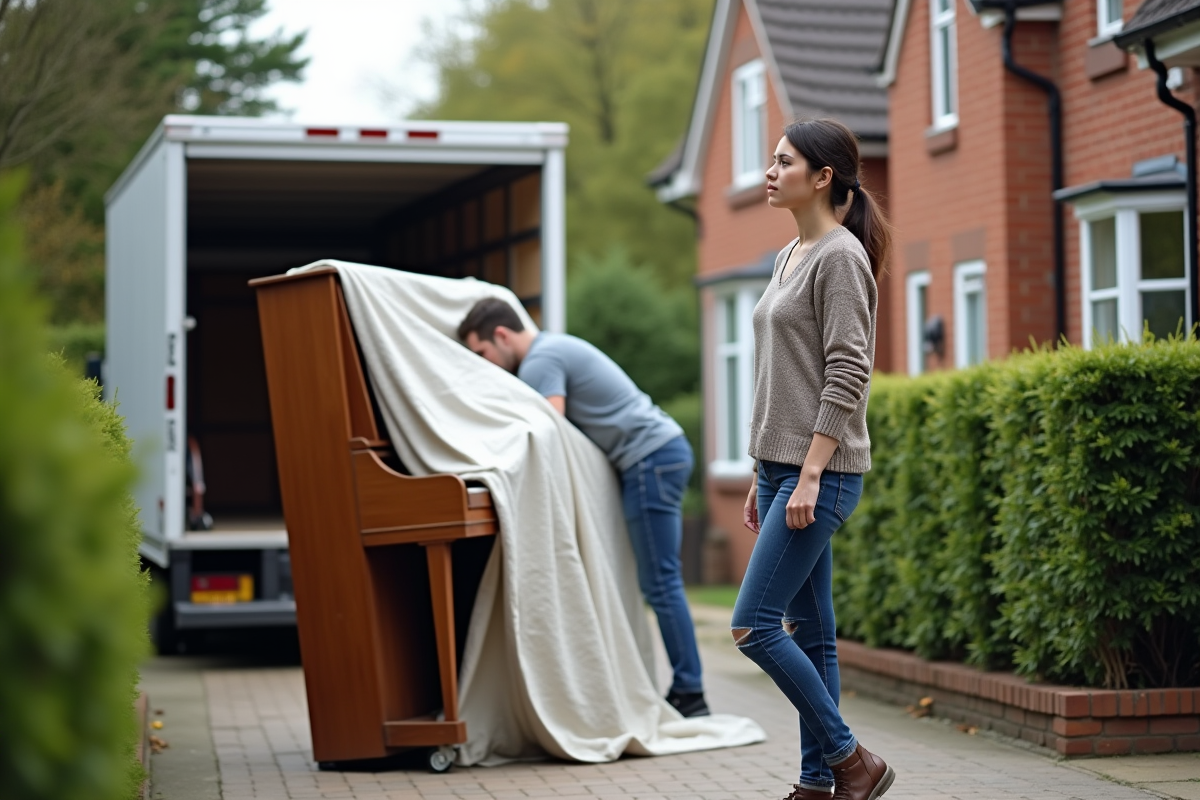 Une femme supervise un déménagement de piano devant une maison