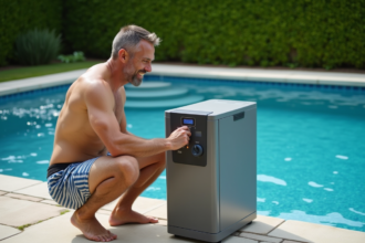 Homme d'âge moyen ajustant un chauffe-eau de piscine extérieur