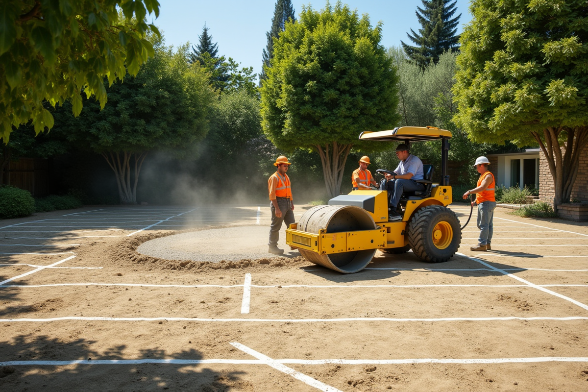 Équipe de travailleurs compactant la base pour piscine dans un jardin